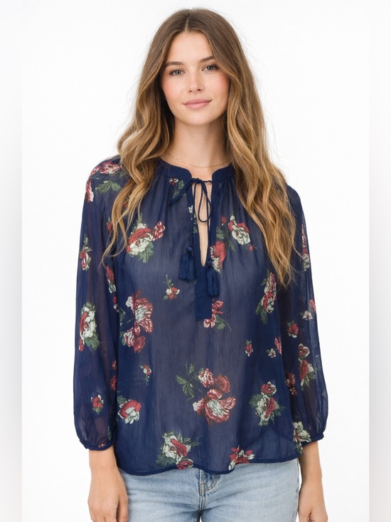 Lucky Brand Tops - Lucky Brand Navy Floral Boho Blouse Tassel Tie Neck Sheer Peasant Top XS